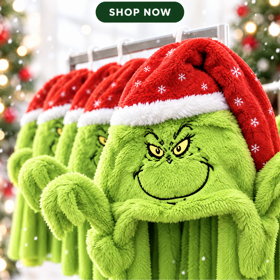 Grinchy Waving Christmas Hat - green plush monster hat with red Santa cap
